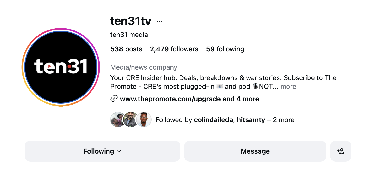 Screenshot of ten31 Instagram page